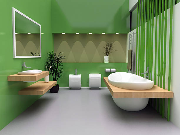 Modern bath with green walls and flooring a modern interior of a bathroom. free standing bath stock pictures, royalty-free photos & images