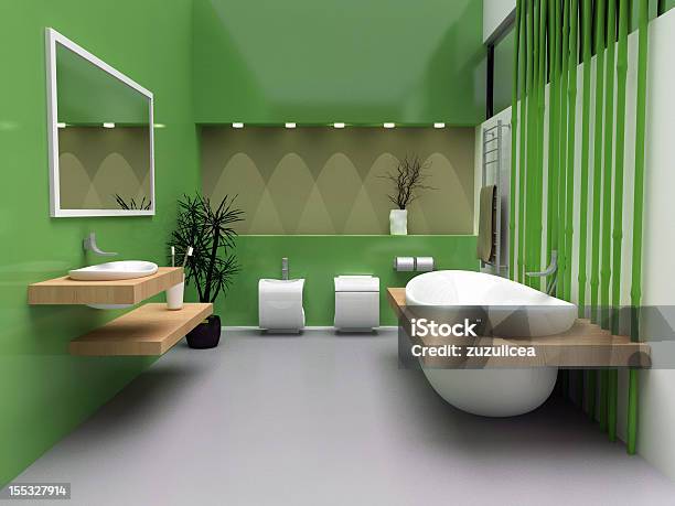 Modern Bath With Green Walls And Flooring Stock Photo - Download Image Now - Free Standing Bath, Apartment, Architecture