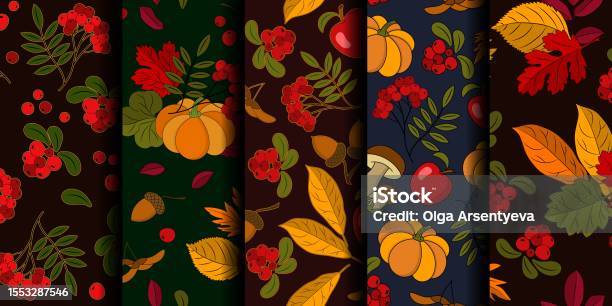 Fall Dark Pattern Set Of Seamless Autumn Patterns With Natural Elements On Dark ...