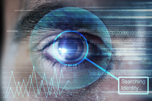 Identity, hologram or man with eye scan in digital cybersecurity technology for Information database. Biometric laser, ai innovation or zoom of searching word in recognition or verification sensor
