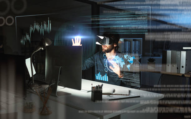 istock Virtual reality, business man and data in office by computer for statistics, analysis or hologram at night. Metaverse, vr and person with futuristic tech with charts, 3d analytics or global overlay. 1553290303