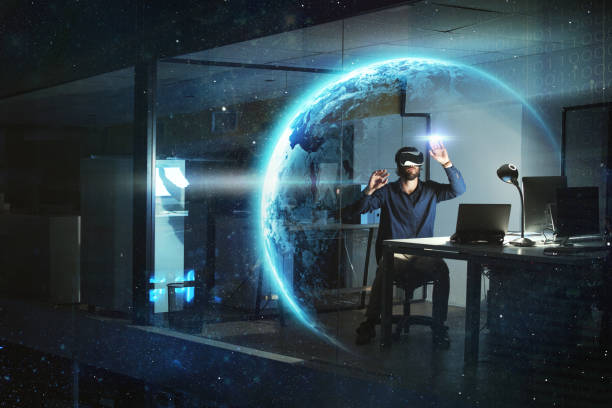 istock Businessman, night or vr global network hologram for digital future technology, big data or virtual reality. Dark office, globe overlay or person in futuristic metaverse world, earth or 3d planet 1553291106