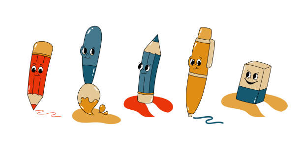 ilustrações de stock, clip art, desenhos animados e ícones de vector set of cartoon retro mascots colored illustrations of stationery - pen, pencil, brush and eraser. vintage style 30s, 40s, 50s old animation. the clipart is isolated on a white background. - characters pen shoe vector