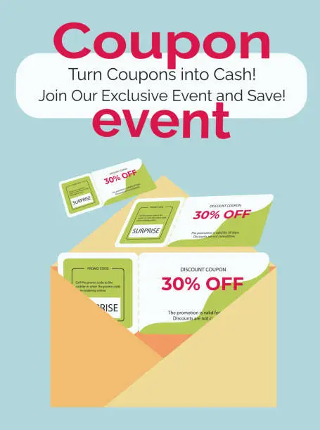 Vector illustration of Flyers with coupons, discounts, promotions, sales. Black Friday. coupon events. Card, banner, placard, poster, web banner. ready sample, template, Coupons in envelope