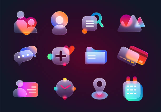 Realistic set of glassmorphism ui icons with blur effect Realistic set of glassmorphism ui icons for website or mobile app. Vector illustartion of location, chat, gallery, contact, calendar, credit card and clock glass morphism transparent design elements. user profile illustration stock illustrations
