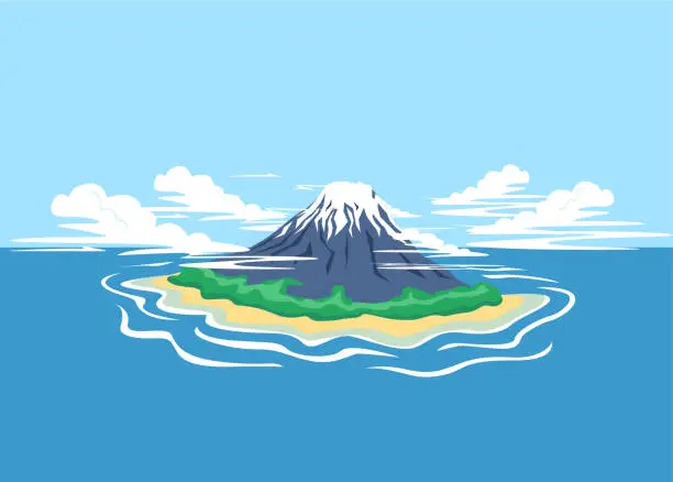 Vector illustration of island in the ocean with a volcano.