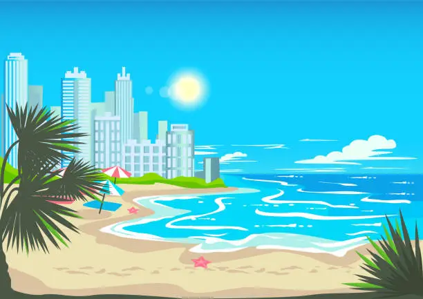 Vector illustration of city beach surrounded by palm