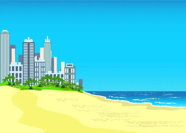 Vector illustration of a city beach surrounded by palm