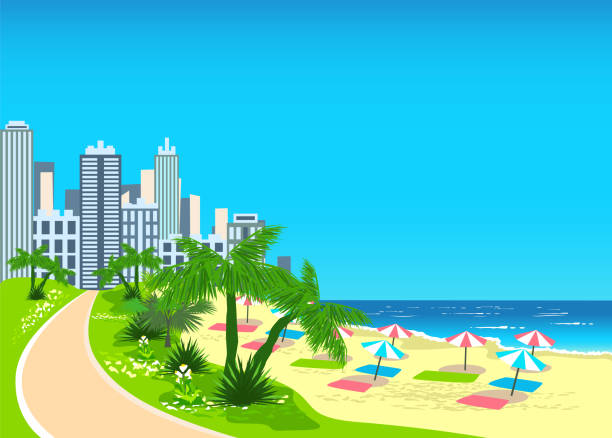 plaża miejska otoczona palmą - spain architecture landscape non urban scene stock illustrations