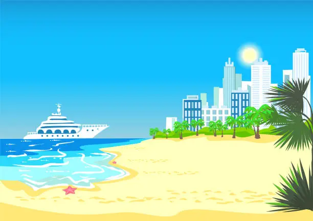 Vector illustration of The cruise ship enters the port of the resort town.