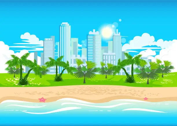 Vector illustration of city beach surrounded by palm