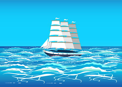A sailing ship floats on the waves in the ocean. Vector illustration of sea voyages, exploration and recreation.
