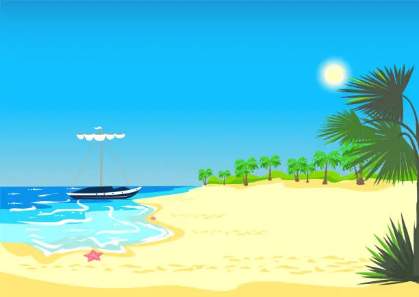 Vector illustration of Sailboat on a tropical beach