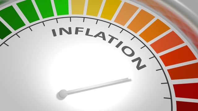 Inflation level on measure scale. Instrument scale with arrow. Inflationary financial crisis. Colorful infographic gauge element.