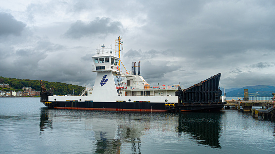 Rothesay, Scotland, UK - 15th July 2023: The MV Corran (2001) in Rothesay Harbour, Isle of Bute where she is moored as she waits for an essential part. She normally plies between Ardgour and Corran on Loch Linnhe.
