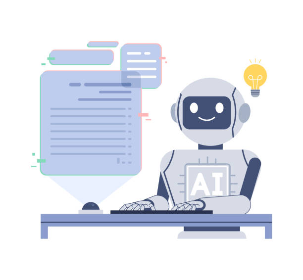 An AI robot is writing. Artificial intelligence writer concept illustration. computer programming desk stock illustrations