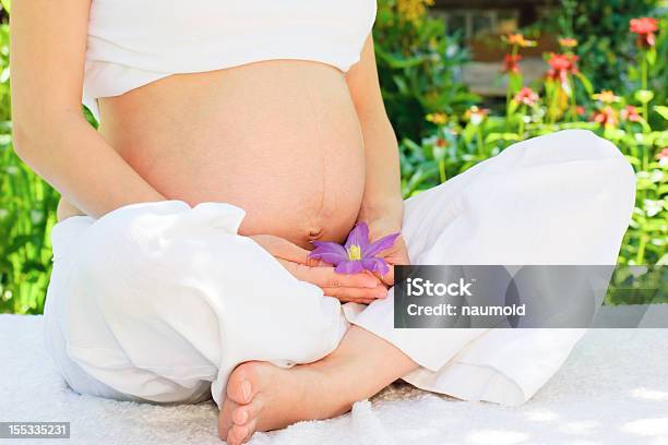 Pregnant Woman Sitting In A Garden Stock Photo - Download Image Now - Ornamental Garden, Pregnant, Women