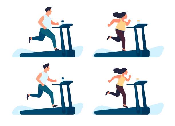 Fat man and woman running on treadmill. People training after losing weight. Gym exercises. Sport for slimming. Health lifestyle. Sportsman workout. Obese or slim body. Vector concept vector art illustration
