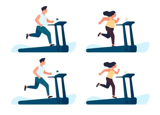 Vector illustration of Fat man and woman running on treadmill. People training after losing weight. Gym exercises. Sport for slimming. Health lifestyle. Sportsman workout. Obese or slim body. Vector concept