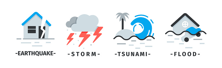 Natural Disaster Icons with Earthquake, Storm, Tsunami and Flood Vector Set. Destructive Forces of Earth and Extreme Weather Condition Concept