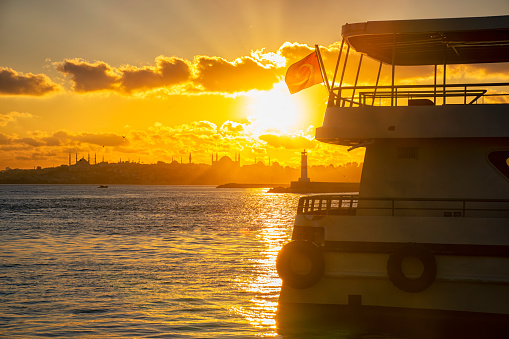 Passenger Ferry in the Bosphorus at sunset, Istanbul, Turkey