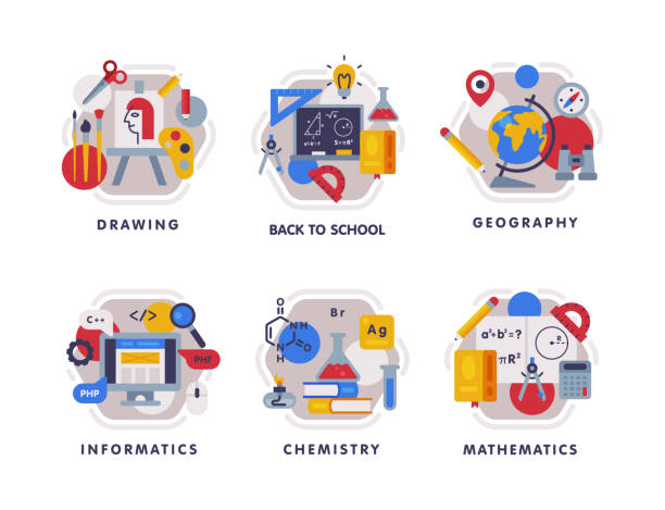 School Education Composition with Text Caption and Educational Objects Vector Set School Education Composition with Text Caption and Educational Objects Vector Set. Learning Discipline and Primary Academic Knowledge Gaining Concept book dedication stock illustrations