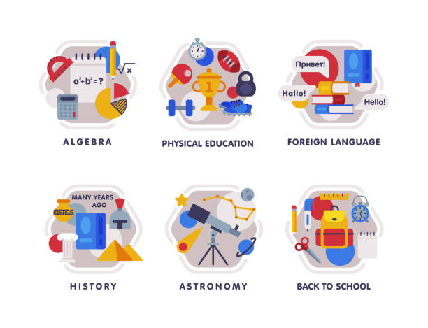 School Education Composition with Text Caption and Educational Objects Vector Set School Education Composition with Text Caption and Educational Objects Vector Set. Learning Discipline and Primary Academic Knowledge Gaining Concept book dedication stock illustrations
