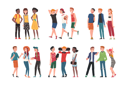 Happy Teenagers Friends Talking Standing Together Vector Set. Group of Cheerful Teen Boy and Gilrs Engaged in Communication