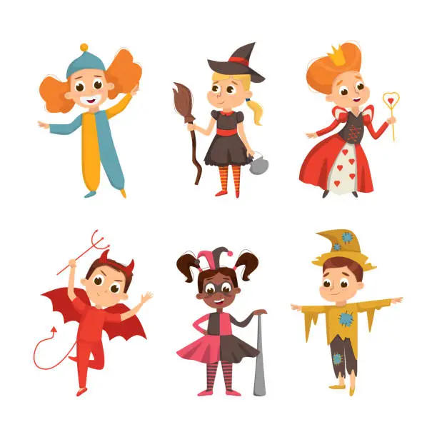 Vector illustration of Funny Boy and Girl Dressed in Halloween Costume Vector Illustration Set