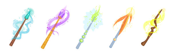 Magic Wands with Fairy Dust and Glow Swirling Around Vector Set Magic Wands with Fairy Dust and Glow Swirling Around Vector Set. Magician and Sorcery Magical Stick for Spell and Enchantment bewitchment stock illustrations