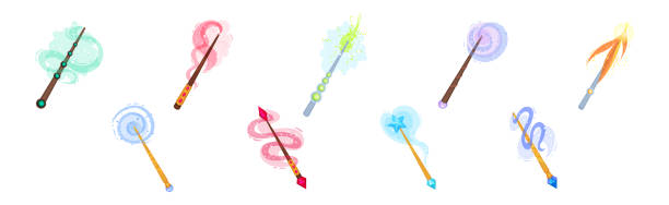 Magic Wands with Fairy Dust and Glow Swirling Around Vector Set Magic Wands with Fairy Dust and Glow Swirling Around Vector Set. Magician and Sorcery Magical Stick for Spell and Enchantment bewitchment stock illustrations