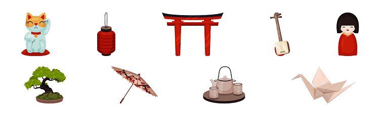 Japan Travel Symbols with Shamisen, Lantern, Beckoning Cat, Doll Figurine, Torii Gate, Bonsai Tree and Origami Vector Set. Traditional Japanese Attribute
