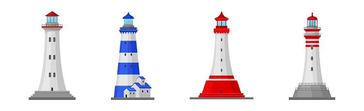 Lighthouse Tower Serving as Navigational Aid on Sea Vector Set. Tall Building on Coastline Emitting Light Concept