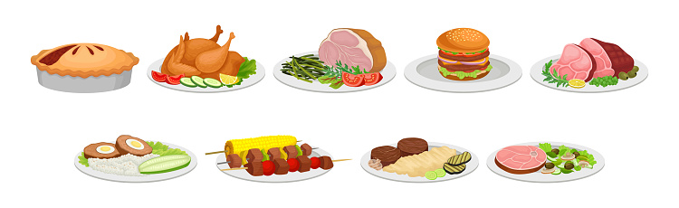 Different Food and Tasty Dish Served on Plate Vector Set. Appetizing Meal and Course for Restaurant Menu