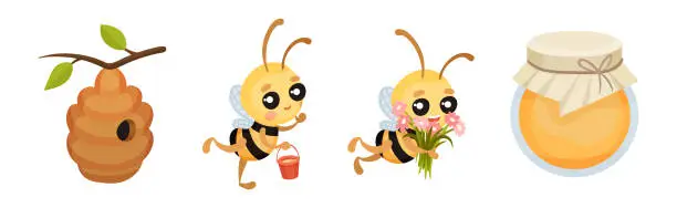 Vector illustration of Cute Striped Honey Bee Character with Yellow Body Vector Set