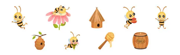 Vector illustration of Cute Striped Honey Bee Character with Yellow Body Vector Set