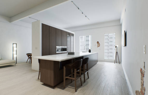 istock Kitchen minimalism. Wooden kitchen with large long island and bar stools. Kitchen with marble top and wooden bottom. 3d render 1553409487