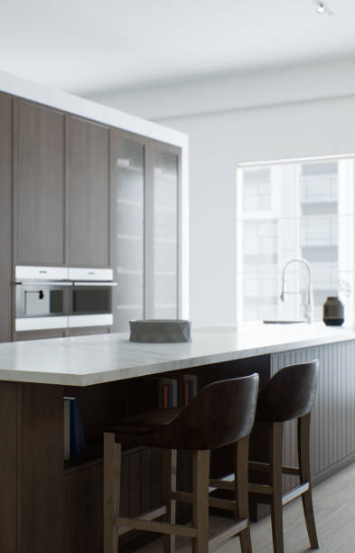 istock Kitchen minimalism. Wooden kitchen with large long island and bar stools. Kitchen with marble top and wooden bottom. 3d render 1553409489