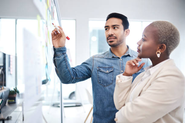 istock Creative people, writing and thinking on glass board for schedule planning, strategy or brainstorming at office. Man and woman in teamwork for startup project plan, sticky note or tasks at workplace 1553413409