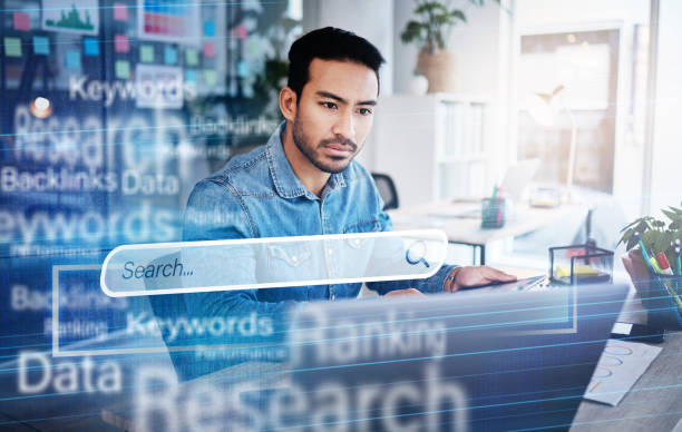 istock Man, tablet and hologram for seo startup, ux web design and planning with 3d text overlay in office. Developer, digital touchscreen and laptop with holographic search bar, charts and stats for coding 1553415057