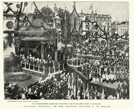 Vintage illustration after photograph, Wilhelm II, German Emperor laying foundation stone on the anniversary of Gravelotte, National memorial to Wilhelm I in Berlin
