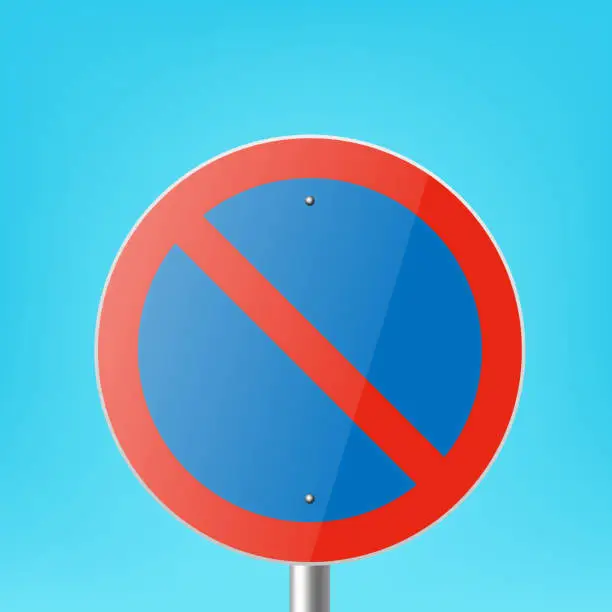 Vector illustration of Vector Blue and Red Round Prohibition Sign Icon - Parking Prohibited, Stopping Prohibited Sign Frame Closeup on a Blue Sky Background. Traffic Road Plate, Sign Design Template, Front View
