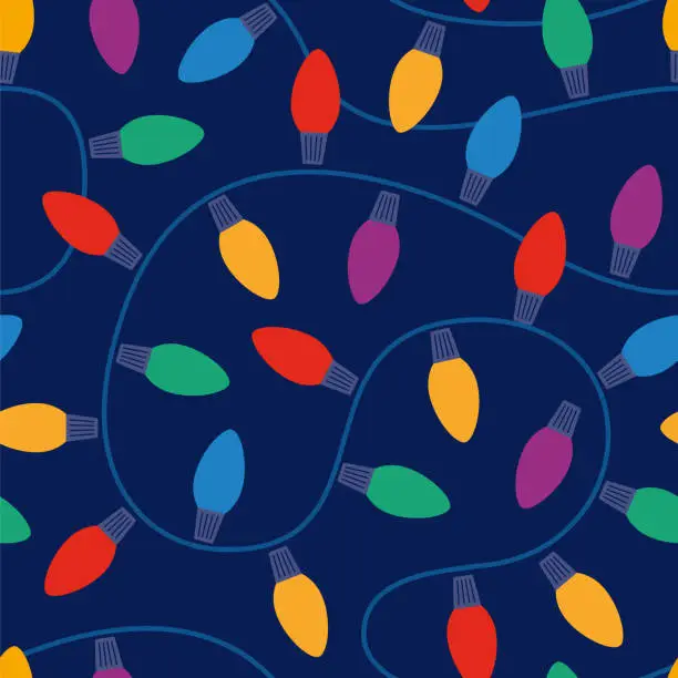 Vector illustration of Christmas Light Seamless pattern on Blue Background.