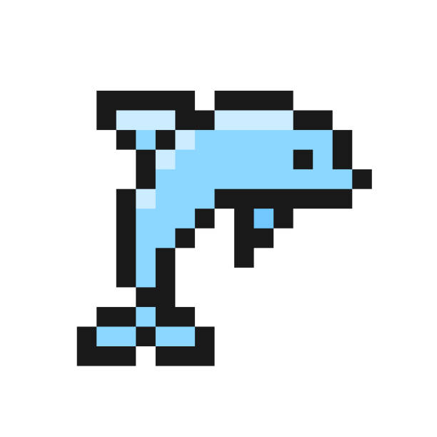 Dolphin icon in pixel art design isolated on white background, cetacean vector sign symbol
