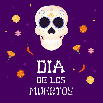 Day of the dead postcard. skull and flor de muerto,bread of the dead .Dia de los muertos vector illustration