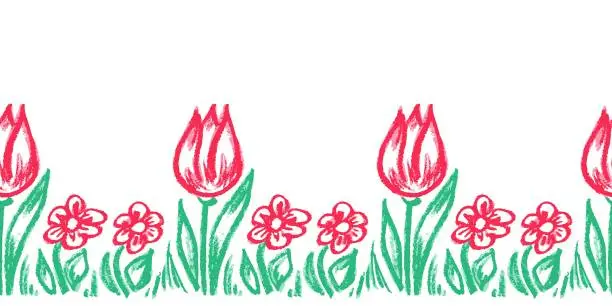 Vector illustration of Cute seamless border. Drawings with wax crayons. Design for paper, fabric, interior decor and other use