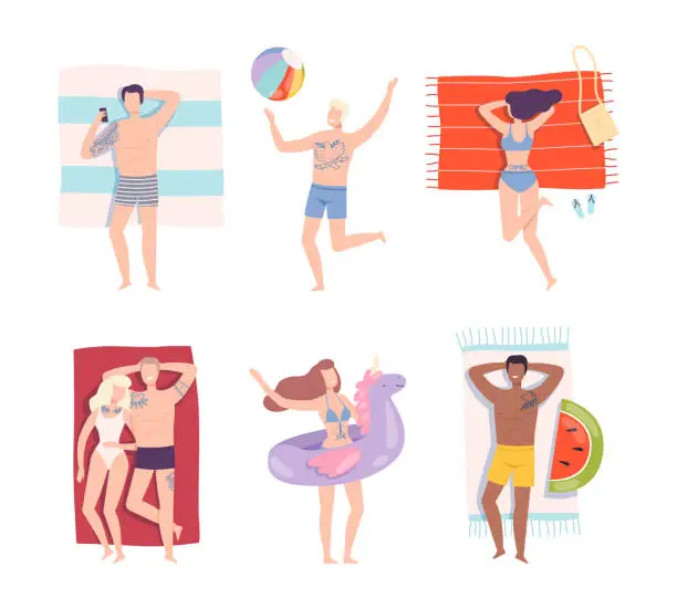 Vector illustration of Young Man and Woman with Tattoo Wearing Swimming Suit Lying on Blanket on Beach Vector Set