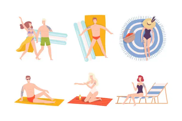 Vector illustration of Young Man and Woman with Tattoo Wearing Swimming Suit Lying on Blanket on Beach Vector Set