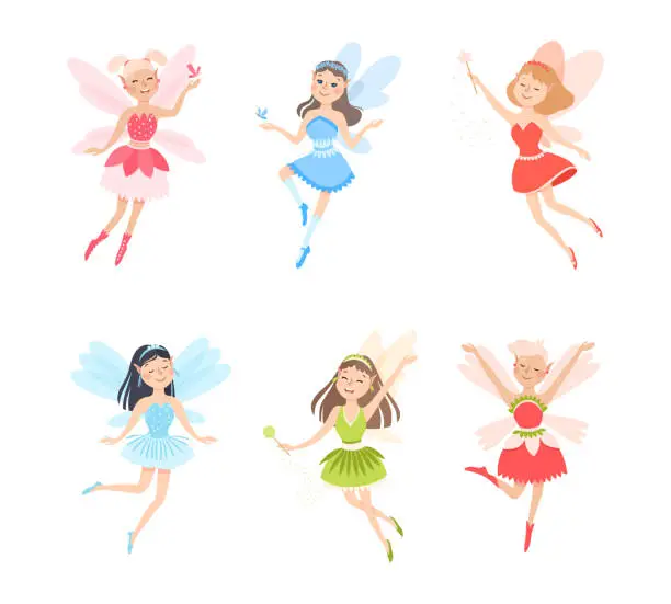 Vector illustration of Cute Girl Fairy Flying with Wings and Magic Wand Vector Set