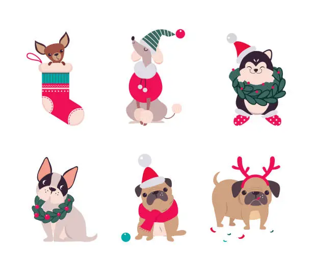 Vector illustration of Cute Dogs of Different Breed Celebrating Christmas Vector Set